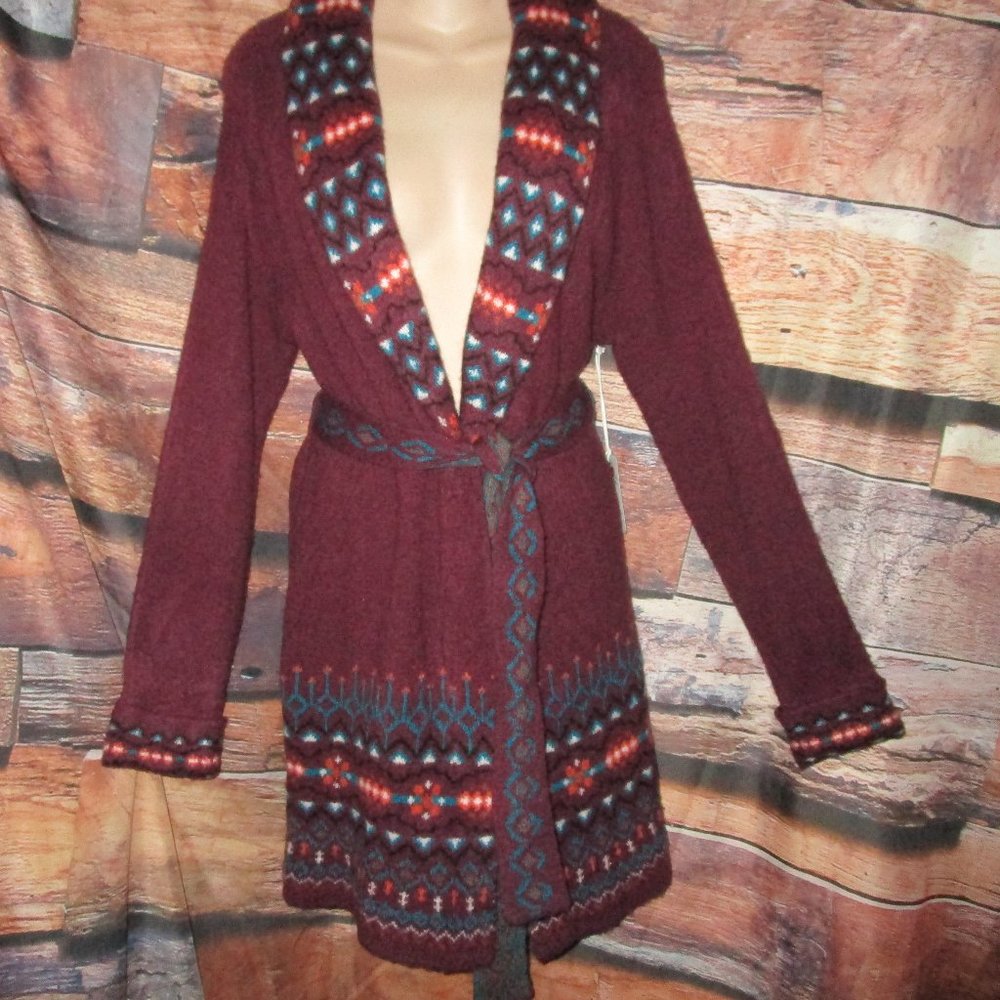 Wrangler S NWT Western Burhundy Southwest Belted Cardigan Sweater Jacket - Picture 8 of 8